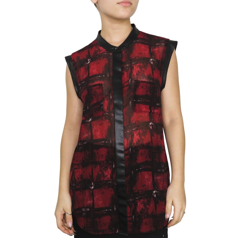 Rock & Republic Sleeveless Mesh Blouse Red & Black Plaid Edgy Button Up Medium